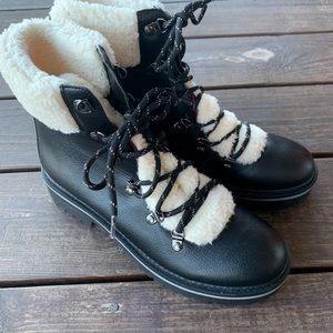 Tommy Hilfiger Ron 2 Black Leather Combat Boots Sherpa Lined